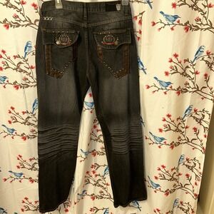 Red Ape Men's Dark Blue Wash Embroidered  Hip Hop Denim Jeans 38x33 Baggy Style